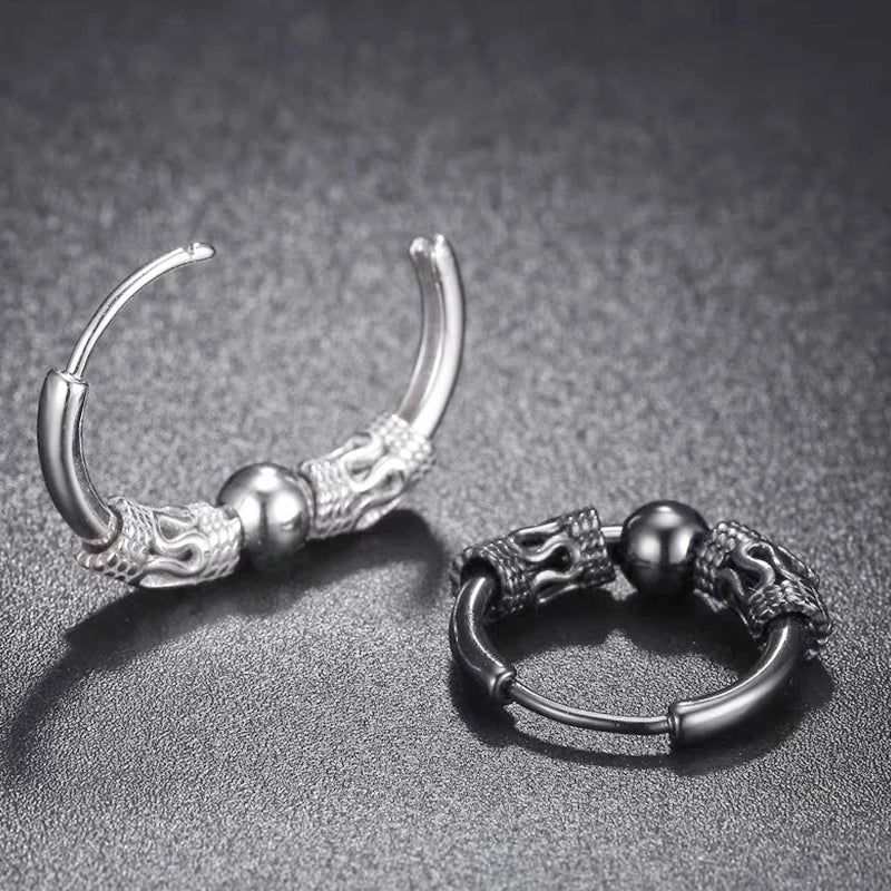 Men's Stainless Steel Stud Hoop Huggie Earrings Black Totem Punk Rock 4 Pairs