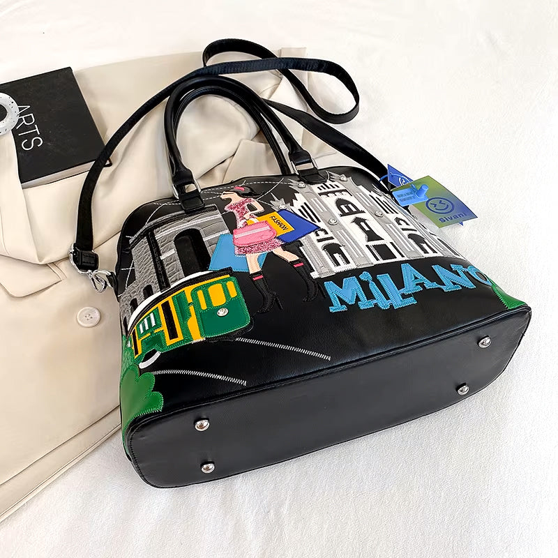 Vintage Luxury Embroidery PU Leather Tote Bag, Shoulder Bag, Crossbody Bag and Handbag