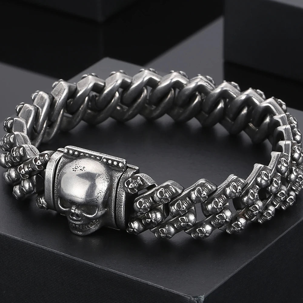Large Stainless Steel Skull Bracelet Link Chain for Men