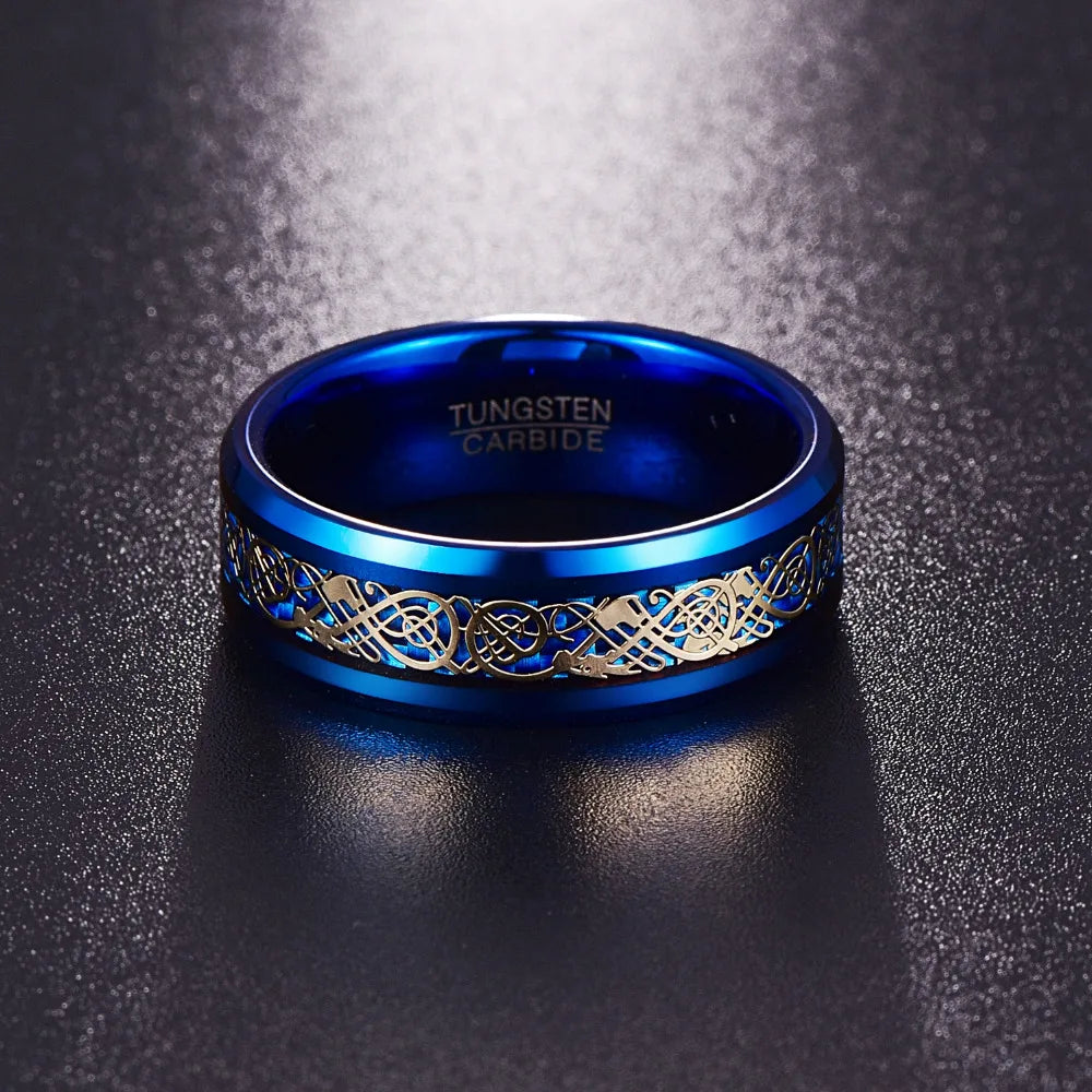 Blue Celtic Tungsten Dragon and Cubic Zirconia Sterling Silver Matching Rings