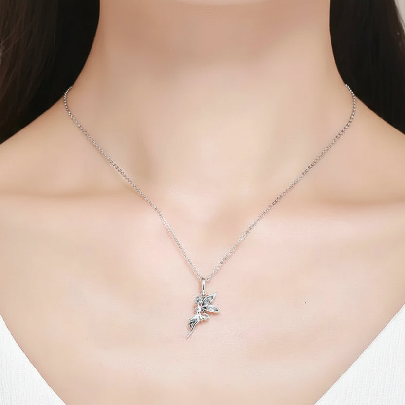 Flower Fairy Dangle Cubic Zirconia 925 Sterling Silver Fashion Pendant Necklace
