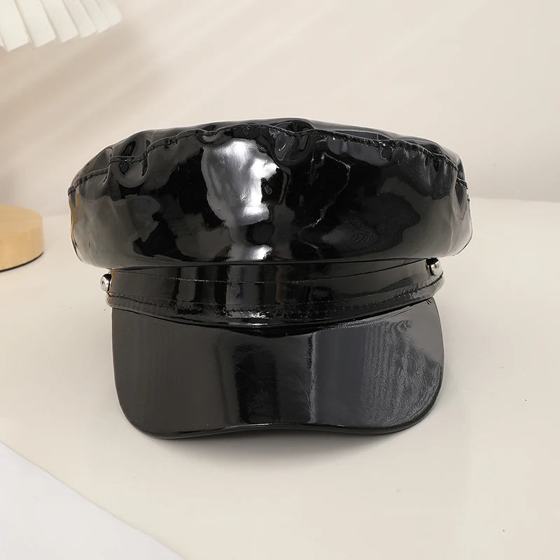 Faux Leather Shiny Black Flat Top Army Military Cap with Glossy Pattern and Buttons