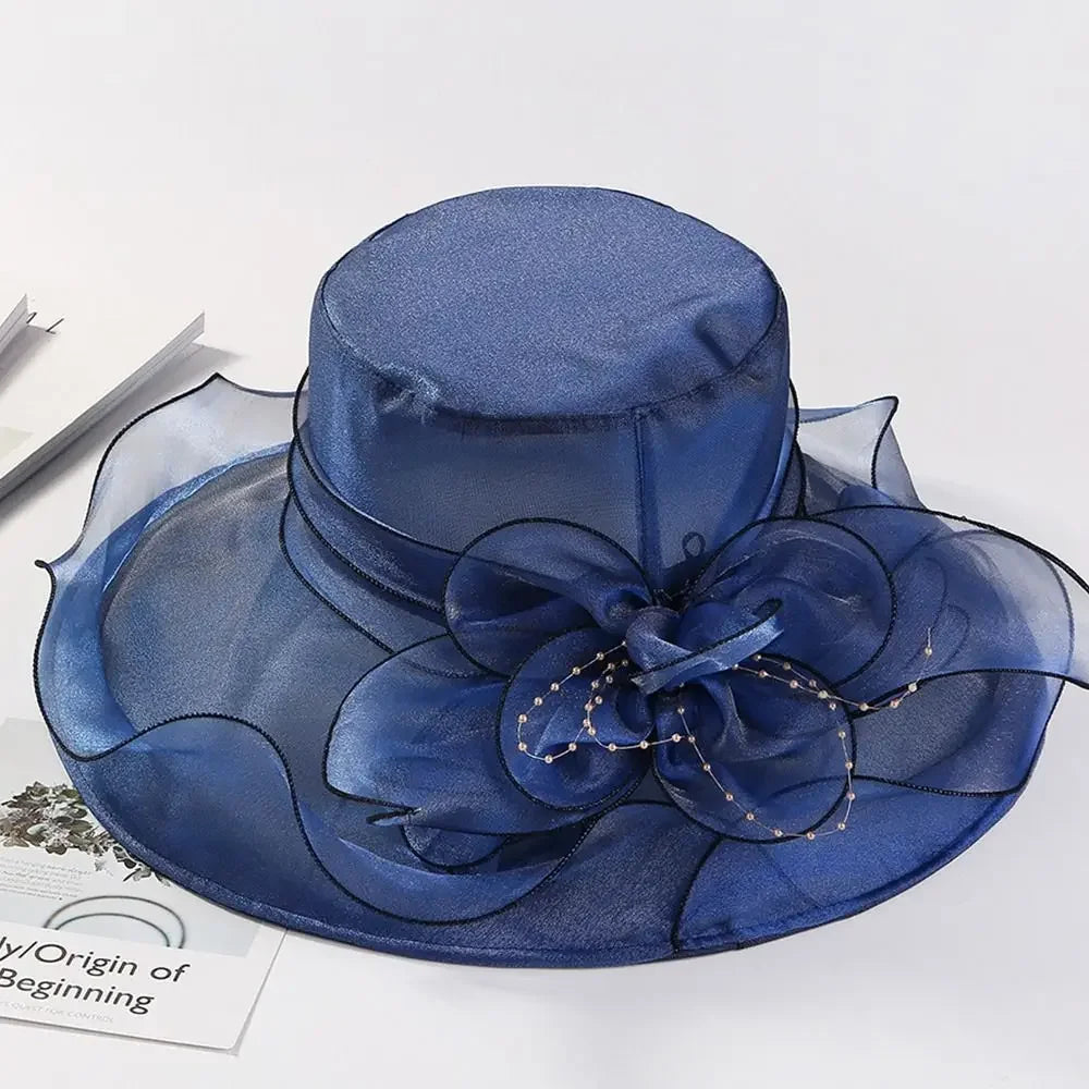 Floppy Large Brim Organza Sun Hat with Pearls