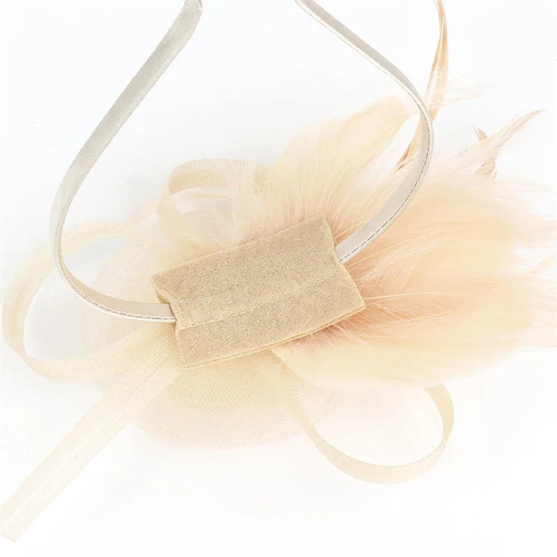 Beige Headband Pillbox Fascinator Hat with Cupid Feathers