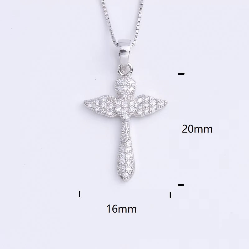 Sterling Silver Winged Cross with Cubic Zirconia Crystals Necklace
