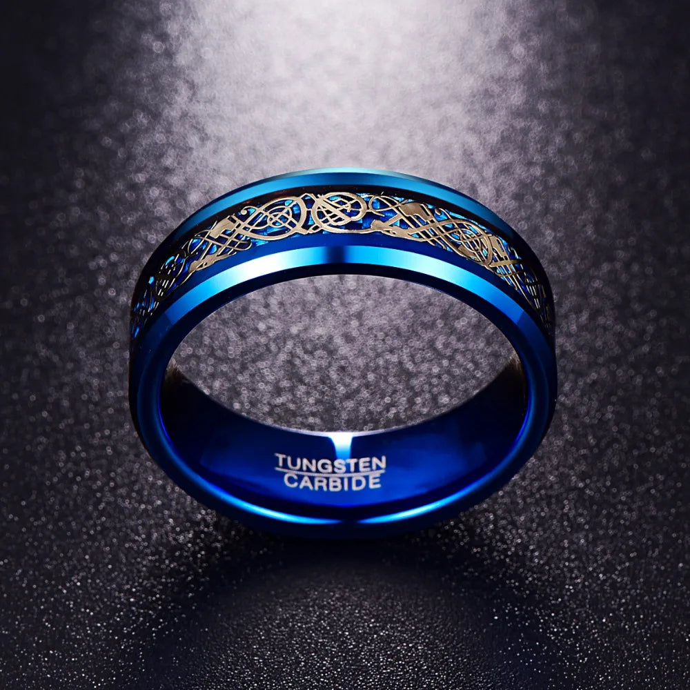 Blue Celtic Tungsten Dragon and Cubic Zirconia Sterling Silver Matching Rings