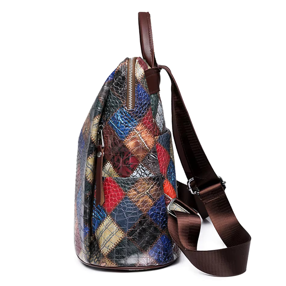 Multi-color Leather Backpack with Embossed Patterns on Patchwork Design