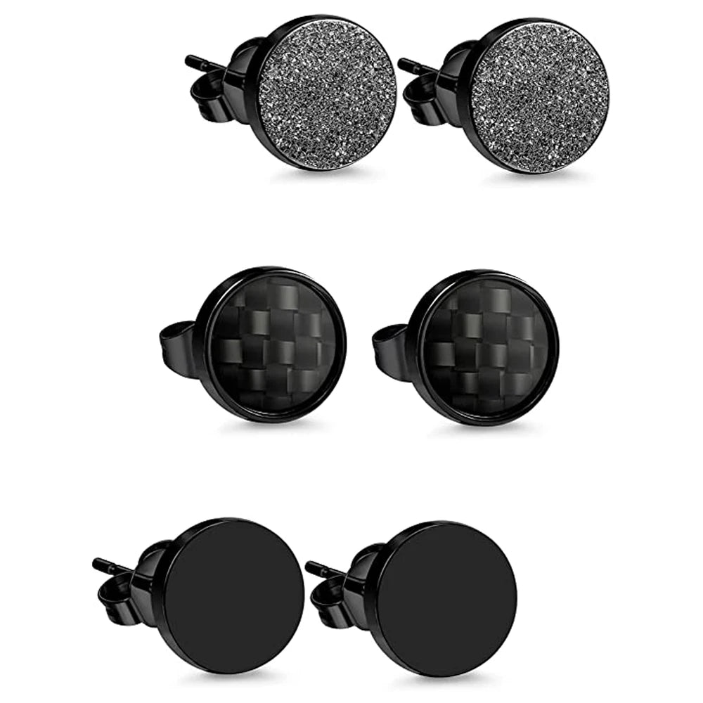 3 Pairs Stainless Steel Stud Earrings for Men Women Black Carbon Fiber Pierced