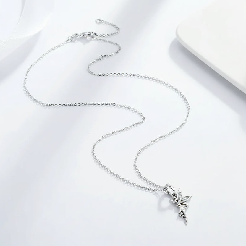 Flower Fairy Dangle Cubic Zirconia 925 Sterling Silver Fashion Pendant Necklace