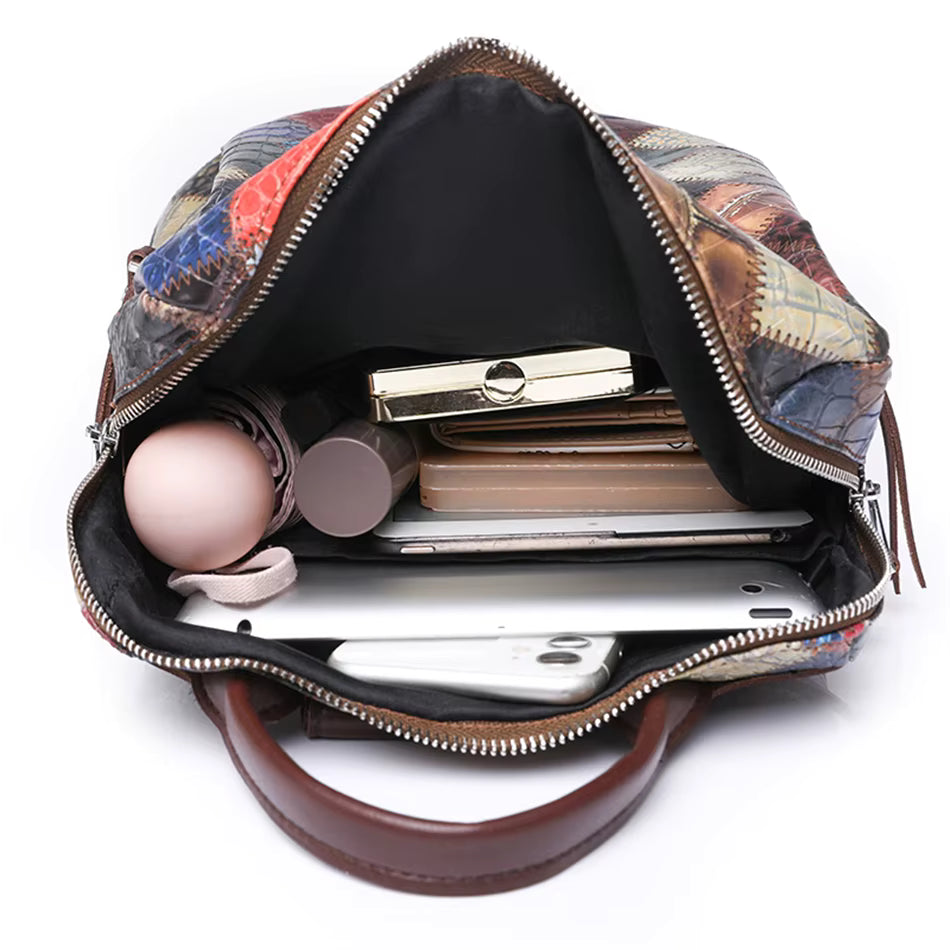 Multi-color Leather Backpack with Embossed Patterns on Patchwork Design