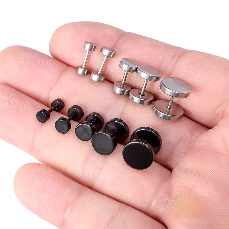 2 Pairs Men Women Stainless Steel Round Tunnel Plug Stud Earrings, Silver Black, 3-14mm