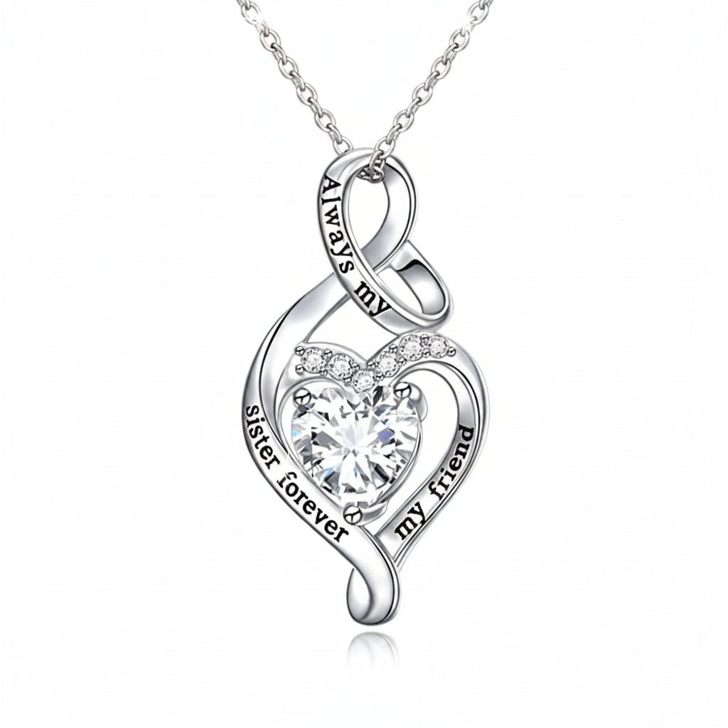 Stainless Steel Always My Sister Forever My Friend Double Love Heart Necklace, Box Chain 18"