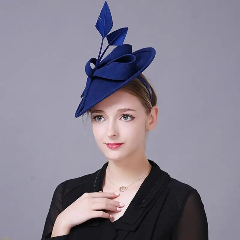 Blue Wool Pillbox Fascinator Hat with Blue Feathers