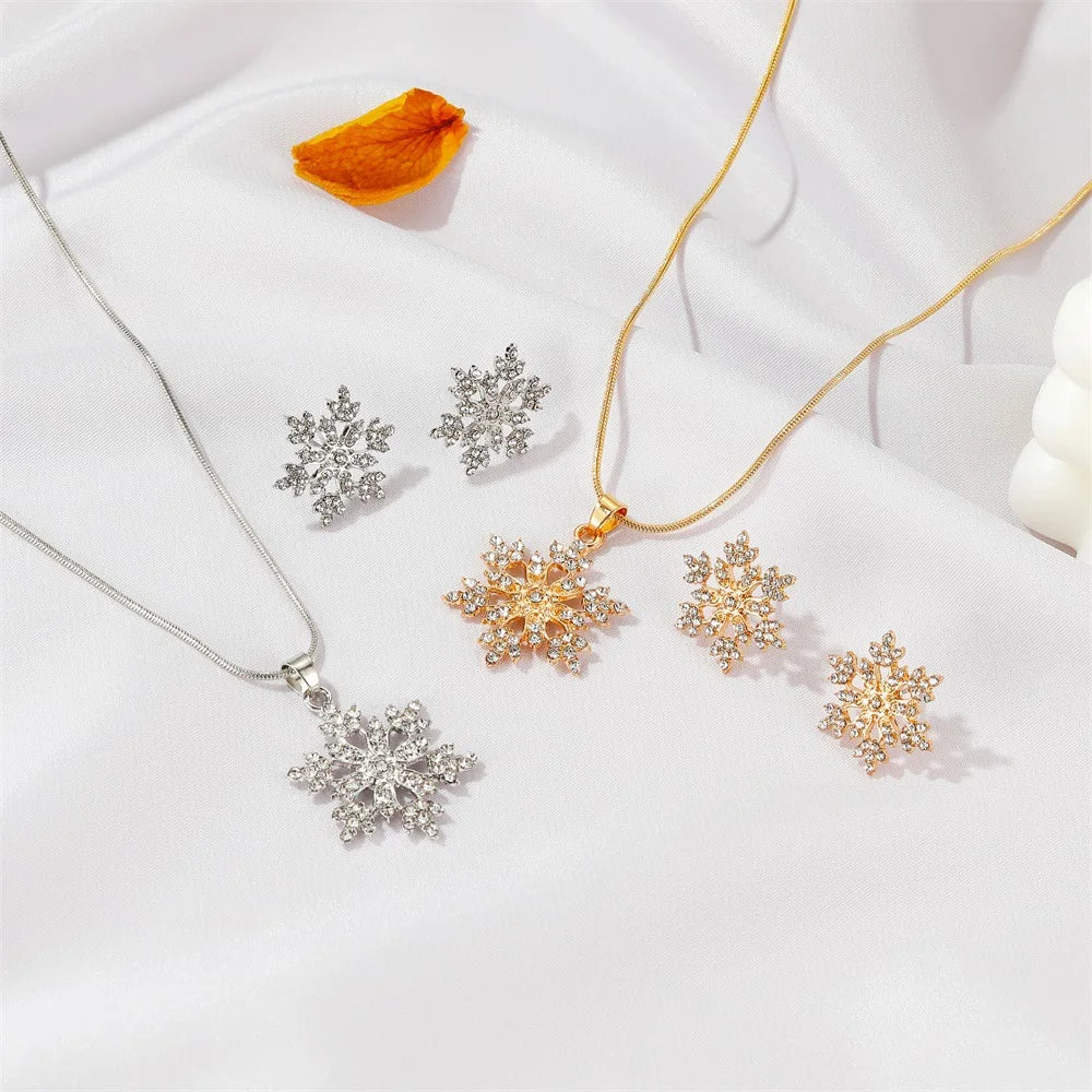 Austrian Crystal Snowflake Flower Pendant Necklace Earrings Set