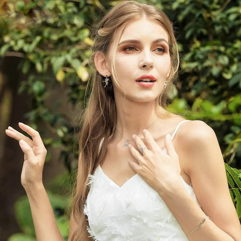 Flower Fairy Dangle Cubic Zirconia 925 Sterling Silver Fashion Pendant Necklace