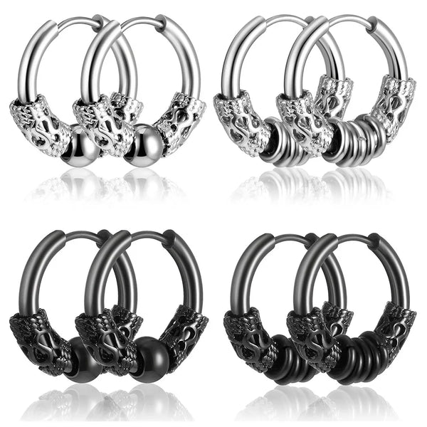 Men's Stainless Steel Stud Hoop Huggie Earrings Black Totem Punk Rock 4 Pairs