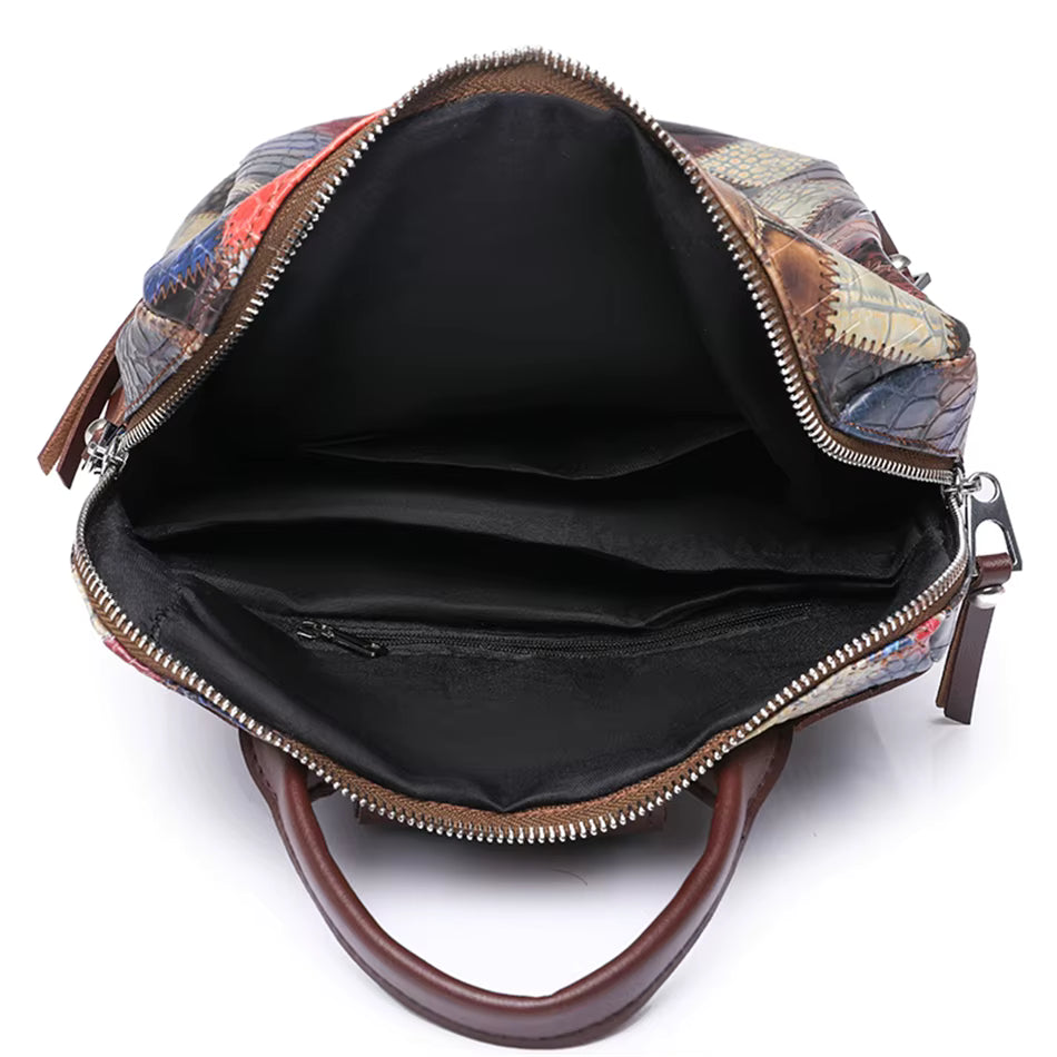 Multi-color Leather Backpack with Embossed Patterns on Patchwork Design