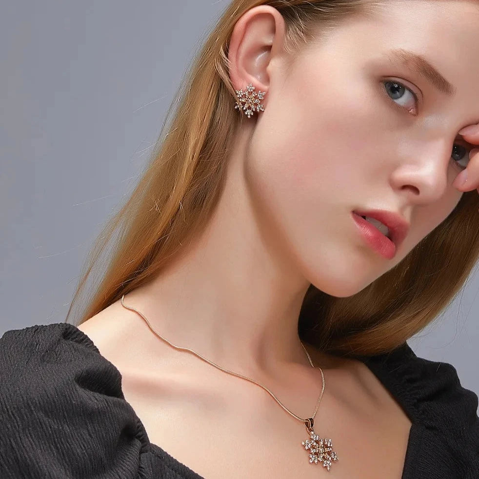 Austrian Crystal Snowflake Flower Pendant Necklace Earrings Set