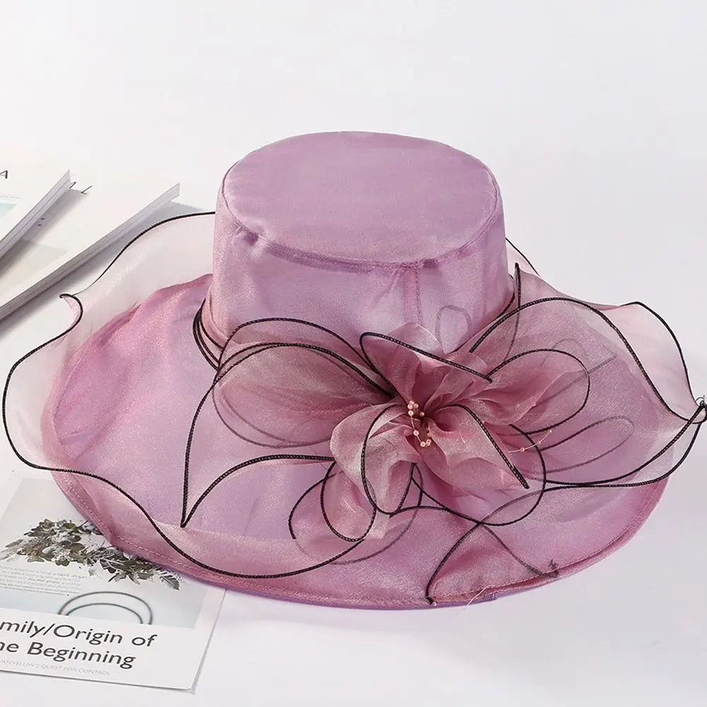 Floppy Large Brim Organza Sun Hat with Pearls