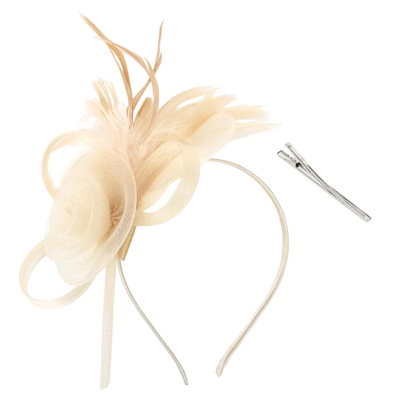 Beige Headband Pillbox Fascinator Hat with Cupid Feathers