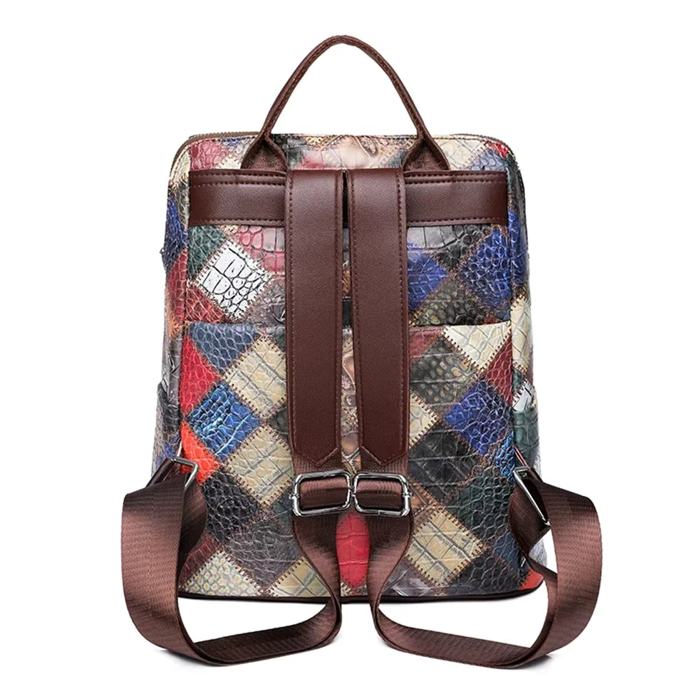 Multi-color Leather Backpack with Embossed Patterns on Patchwork Design