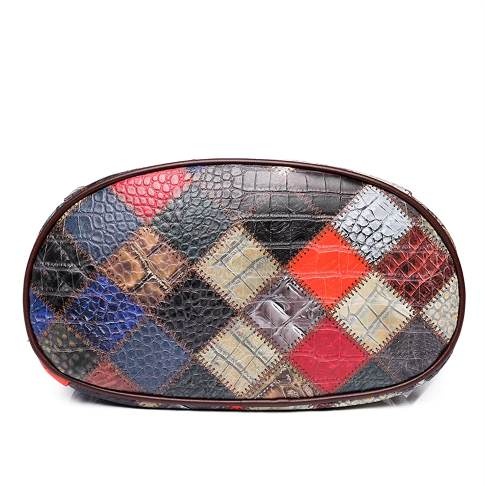 Multi-color Leather Backpack with Embossed Patterns on Patchwork Design