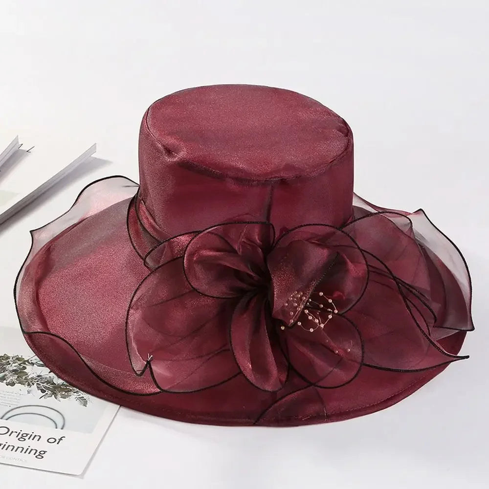 Floppy Large Brim Organza Sun Hat with Pearls
