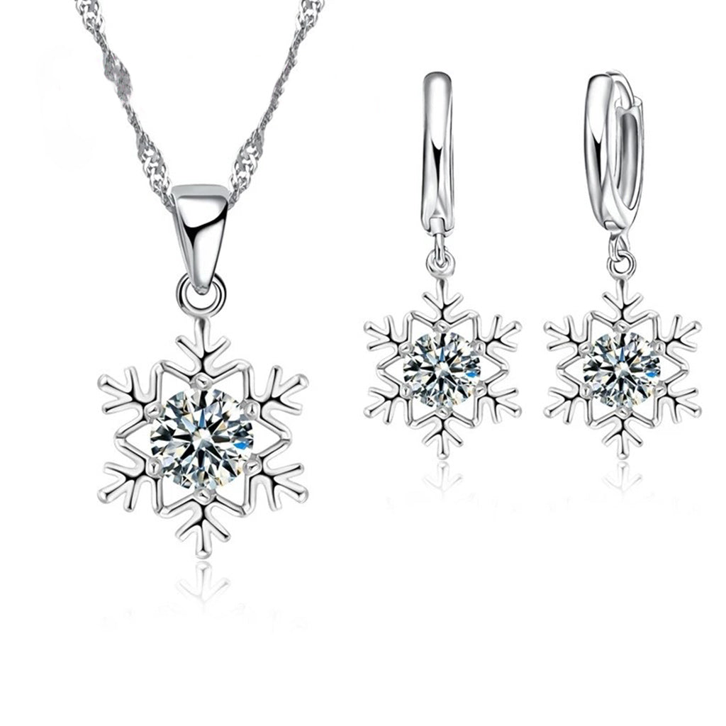 Austrian Crystal Snowflake Flower Pendant Necklace Earrings Set