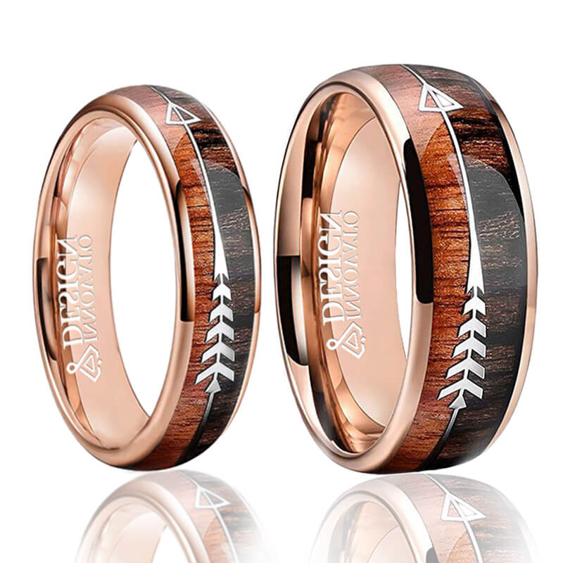 His & Her 6mm/8mm Tungsten Carbide Wedding Bands Arrow And Double Wood Inlay Set-Ring-Innovato Design-6-5-Innovato Design