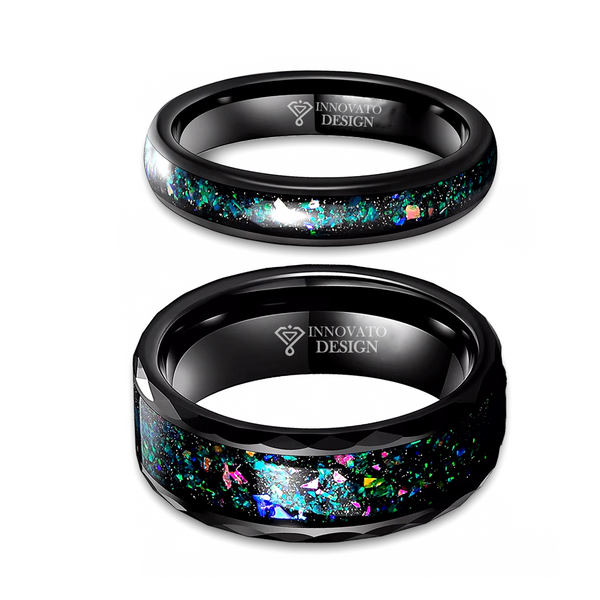 His & Her 4mm/8mm Opal Inlay Tungsten Carbide Wedding Bands Set Couple Rings