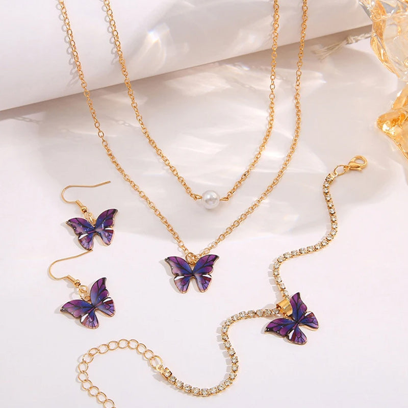 Women Butterfly Quartz Watch, Necklace, Bracelet, and Earrings Jewelry Set-Jewelry Sets-Innovato Design-Innovato Design
