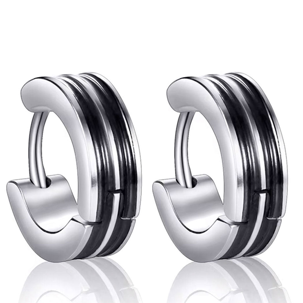 Men's Stainless Steel Stud Hoop huggie Earrings Silver Tone Black Striped