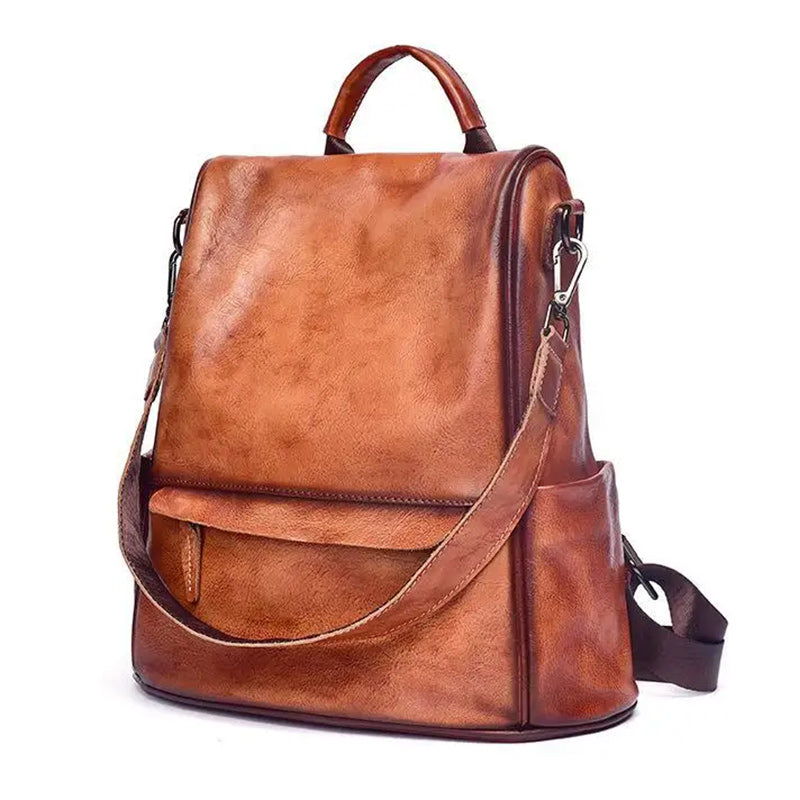 Brown Genuine Leather School Bag Cowhide Women Travel Bag-Backpacks-Innovato Design-Innovato Design