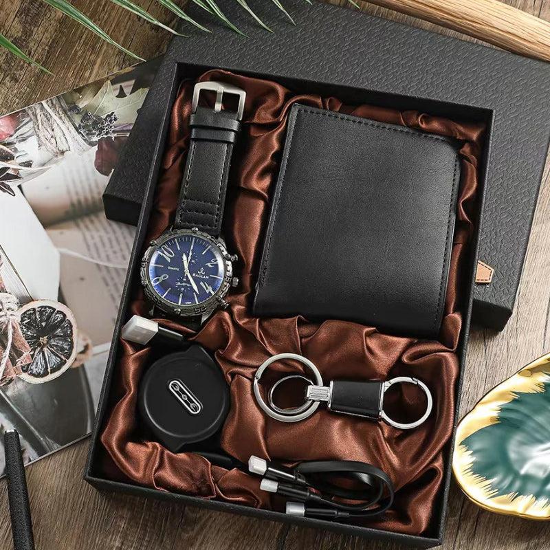 Men Quartz Watch, Black Leather Wallet, USB Cable, and Keychain Gift Box Set-Jewelry Sets-Innovato Design-Innovato Design