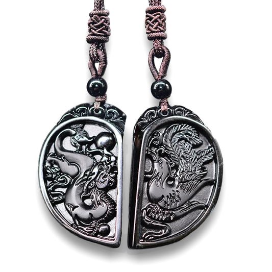 Dragon Phoenix Pendant Yin Yang Obsidian 2 Necklaces Couple Set