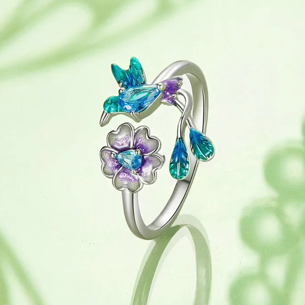 Romantic Colorful Cubic Zirconia Flower with Bird Sterling Silver Wedding Ring-Rings-Innovato Design-Adjustable-Innovato Design