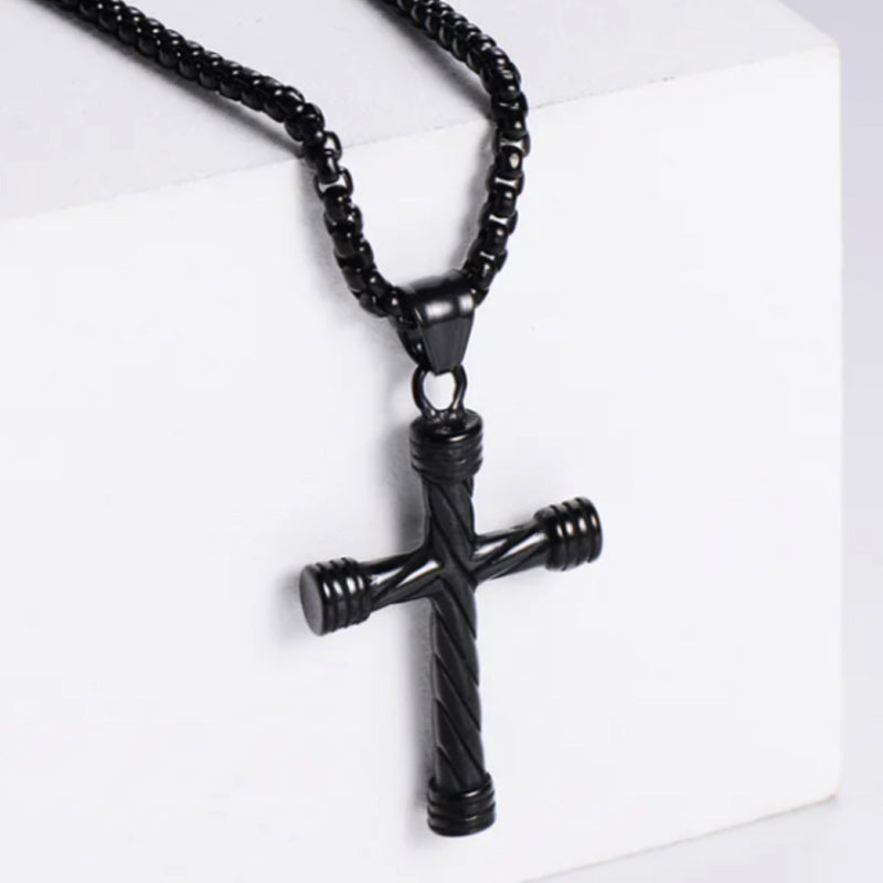 Gunmetal Gothic Black Necklace with Striped Cross Pendant and Chain-Necklaces-Innovato Design-Innovato Design