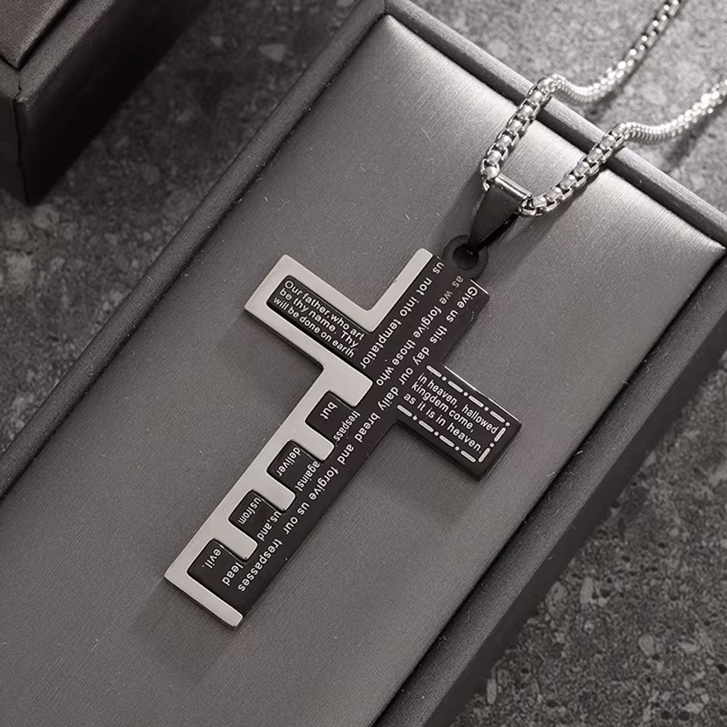 Men's Stainless Steel Pendant Necklace Cross Bible Lords Prayer