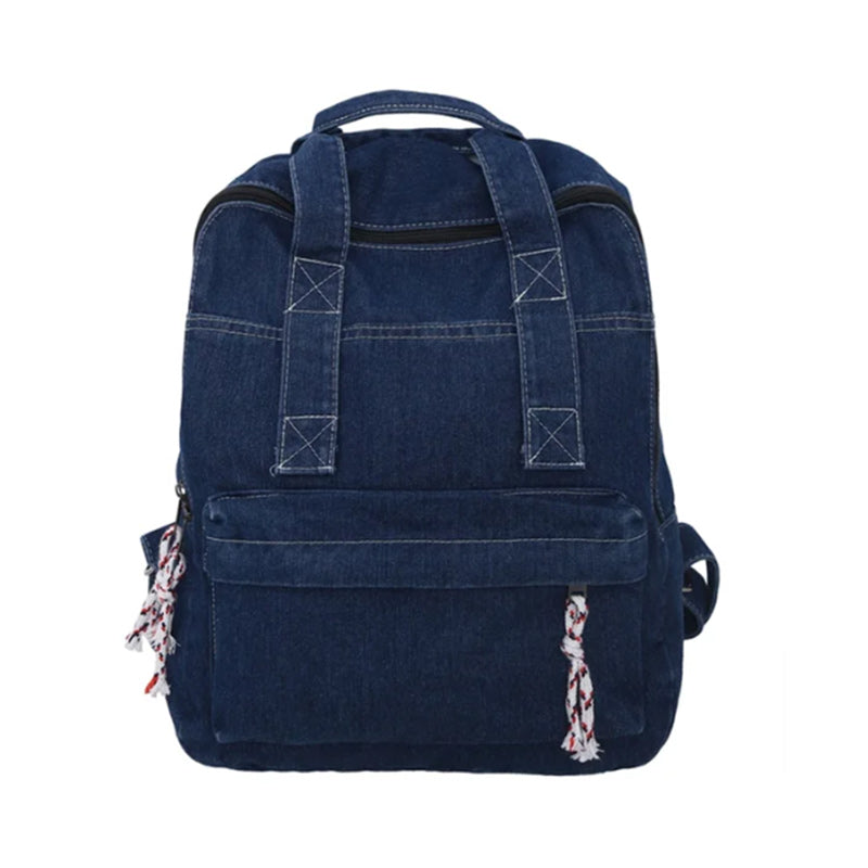Vintage Blue Denim with Drawstring Backpack for Girls-Denim Backpacks-Innovato Design-Dark Blue-Innovato Design
