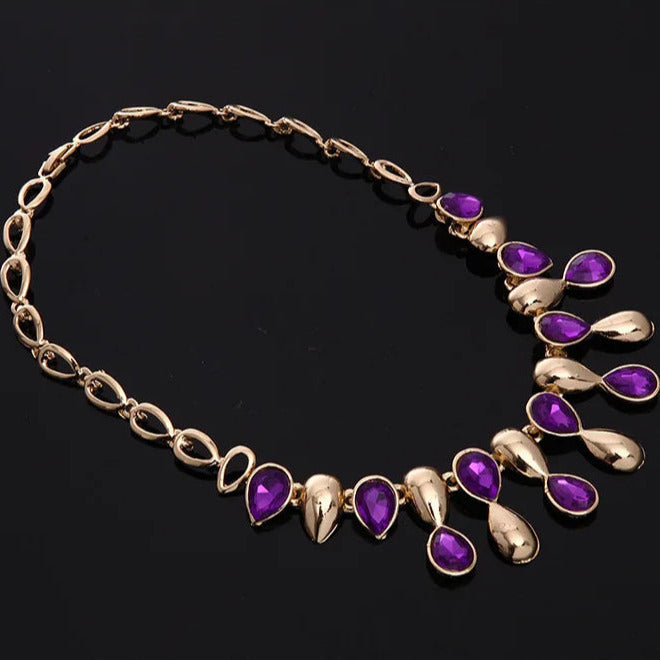 Women's 4Pcs Purple Rhinestone Drop Pendant Necklace Earrings Bracelet Ring Jewelry Set