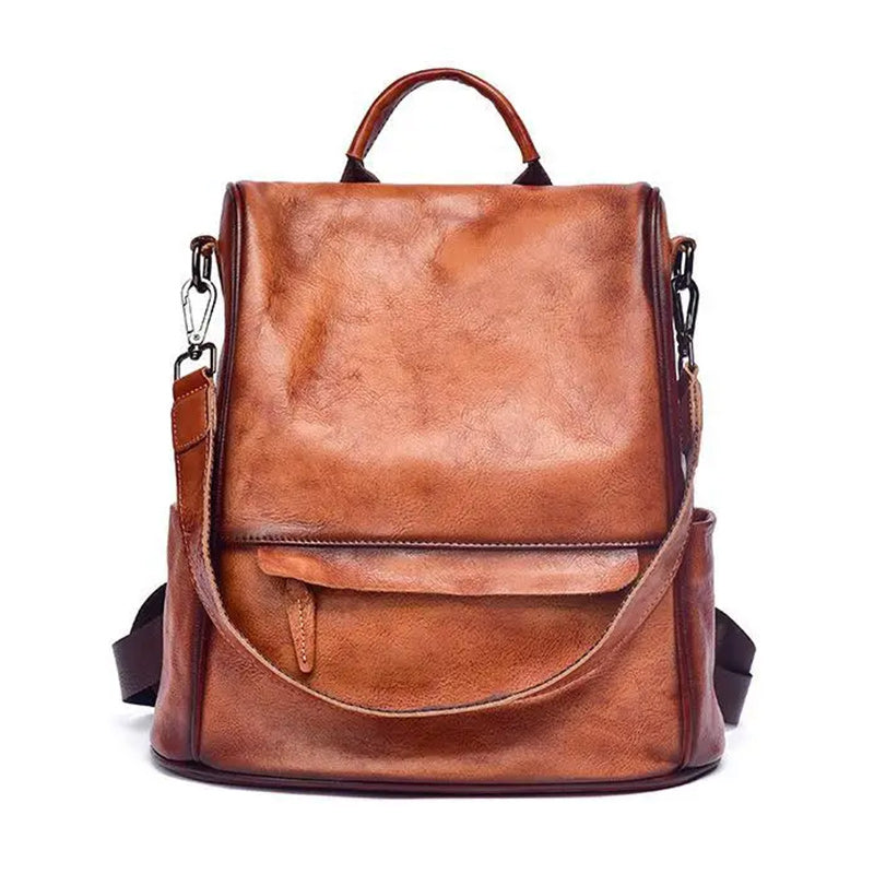 Brown Genuine Leather School Bag Cowhide Women Travel Bag-Backpacks-Innovato Design-Innovato Design
