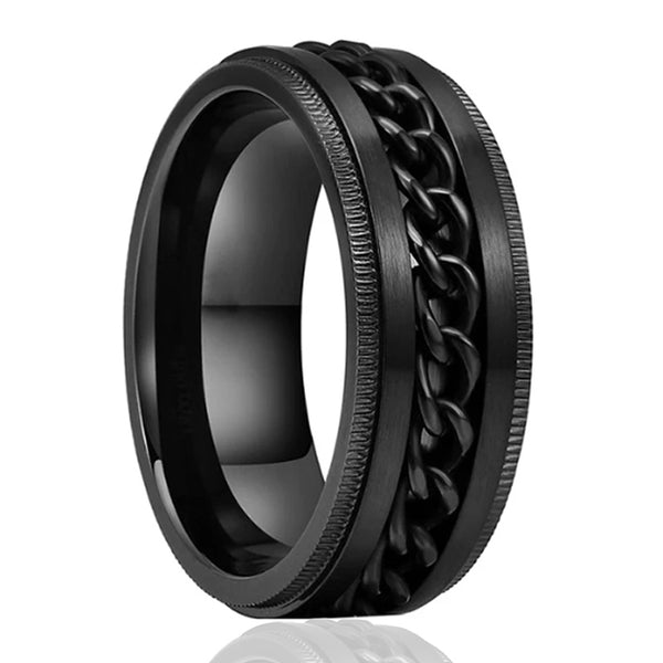 Stainless Steel 8mm Rings for Men Chain Rings Biker Grooved Edge Spinner Ring, Size 7-14-Rings-Innovato Design-Black-7-Innovato Design