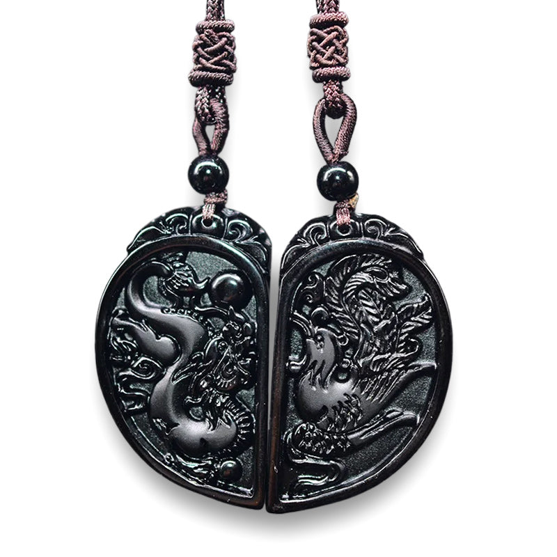 Dragon Phoenix Pendant Yin Yang Obsidian 2 Necklaces Couple Set-Necklaces-Innovato Design-Innovato Design