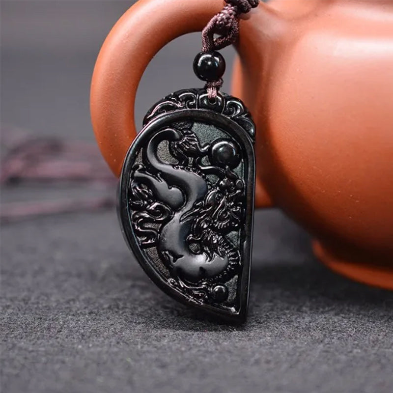 Dragon Phoenix Pendant Yin Yang Obsidian 2 Necklaces Couple Set-Necklaces-Innovato Design-Innovato Design
