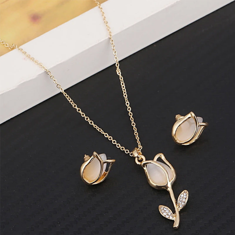 Pink Natural Stone Rose Flower Necklace & Earrings Wedding Jewelry Set-Jewelry Sets-Innovato Design-Innovato Design