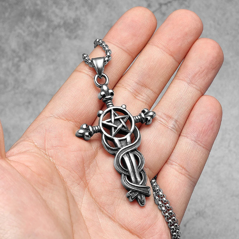 Stainless Steel Men Pendant Necklace Vintage Cross Pentagram-Necklaces-Innovato Design-Innovato Design