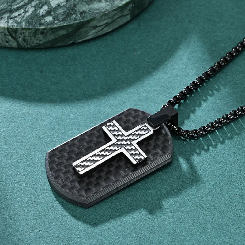 Cross Pendant Black Stainless Steel And Carbon Fiber Tag Necklace-Necklaces-Innovato Design-Black Silver-Innovato Design