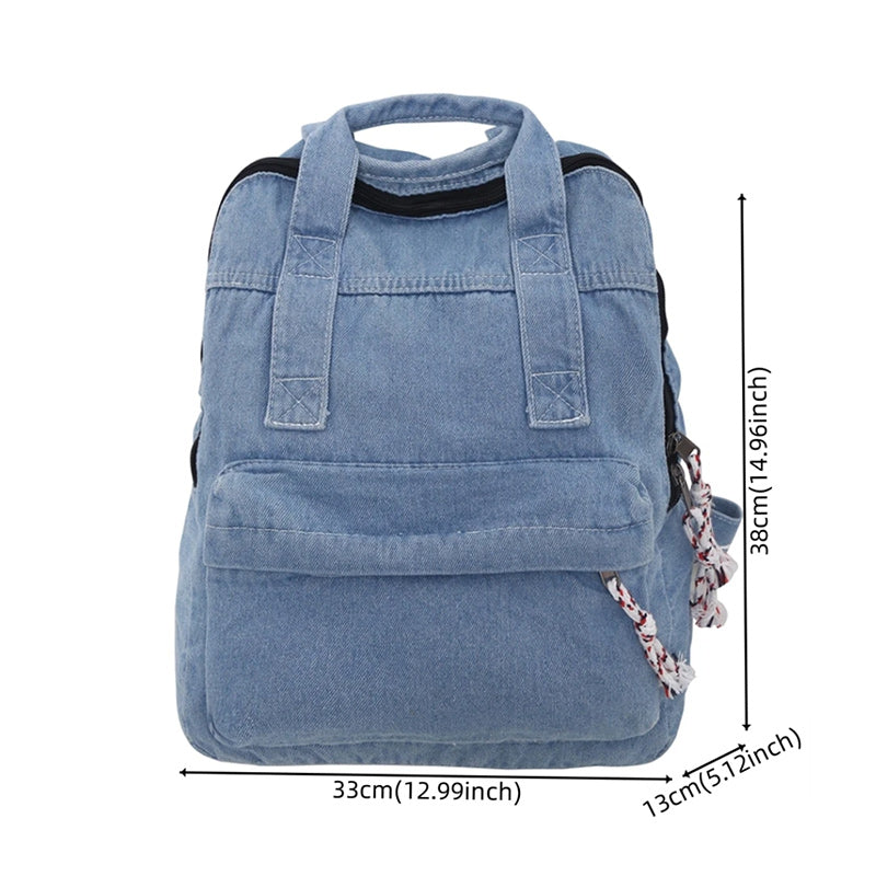 Vintage Blue Denim with Drawstring Backpack for Girls-Denim Backpacks-Innovato Design-Light Blue-Innovato Design