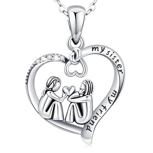 Sterling Silver Always My Sister Forever My Friend Love Heart Pendant Necklace, 18"-Necklaces-Innovato Design-Innovato Design
