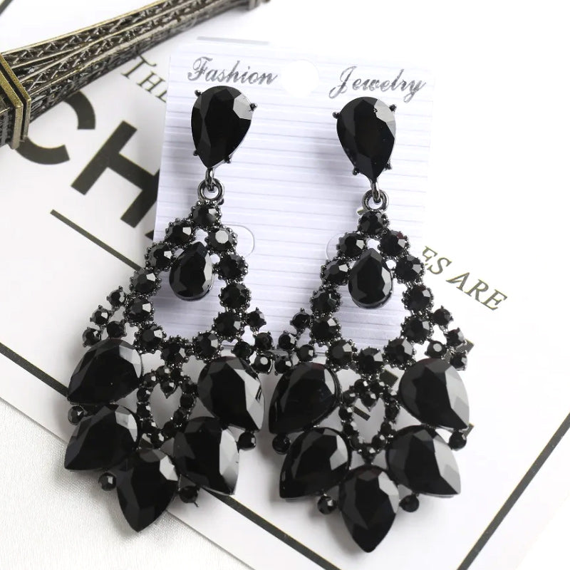 Cubic Zirconia Crystal Vintage Style Teardrop Dangle Chandelier Earrings-Earrings-Innovato Design-Black-Innovato Design